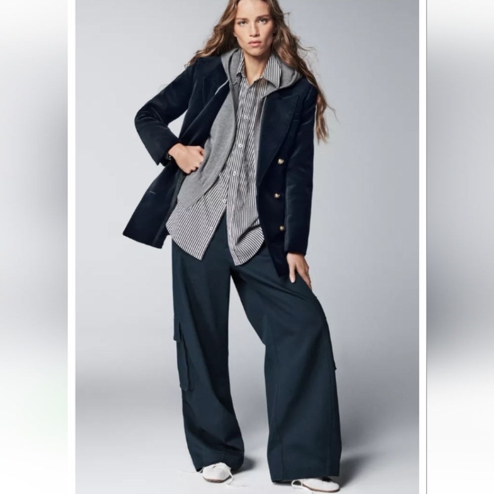 Zara Zw Collection Navy Blue Wide Leg High Rise Full-Lenght Cargo Pants Sz-M